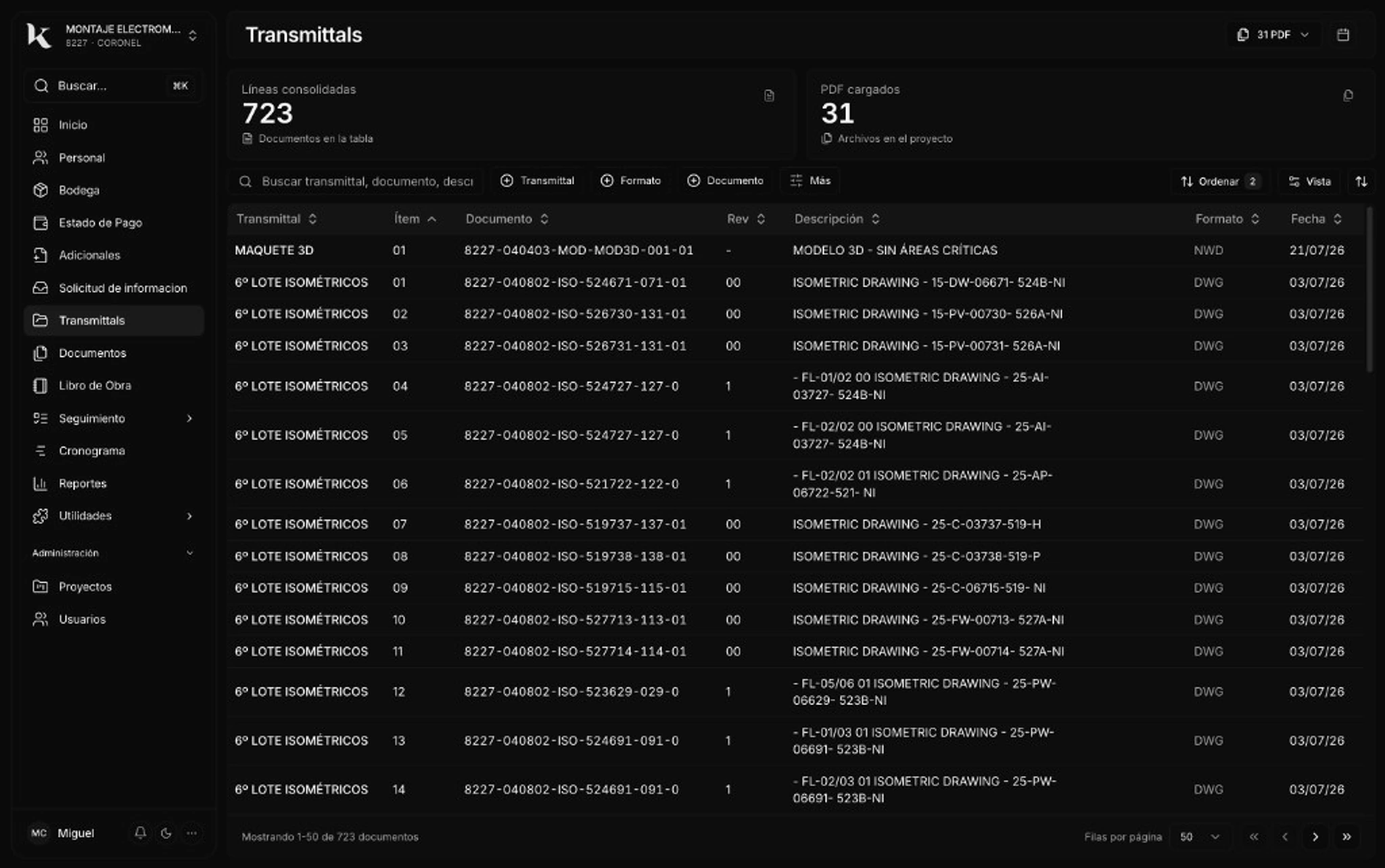 Transmittals en KRANIO con documentos técnicos