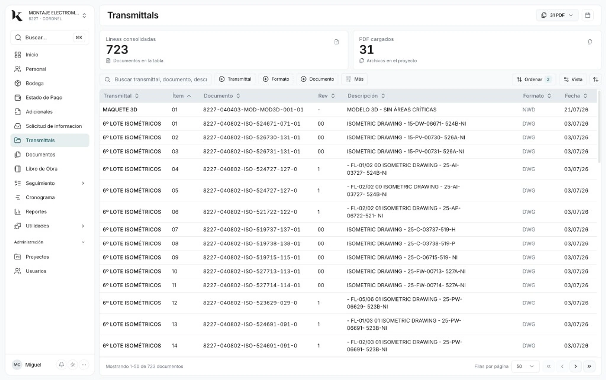 Transmittals en KRANIO con documentos técnicos